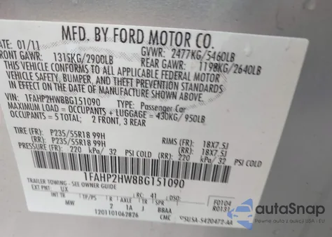 2011 Ford Taurus Sel from USA, damaged, VIN 1FAHP2HW8BG151090